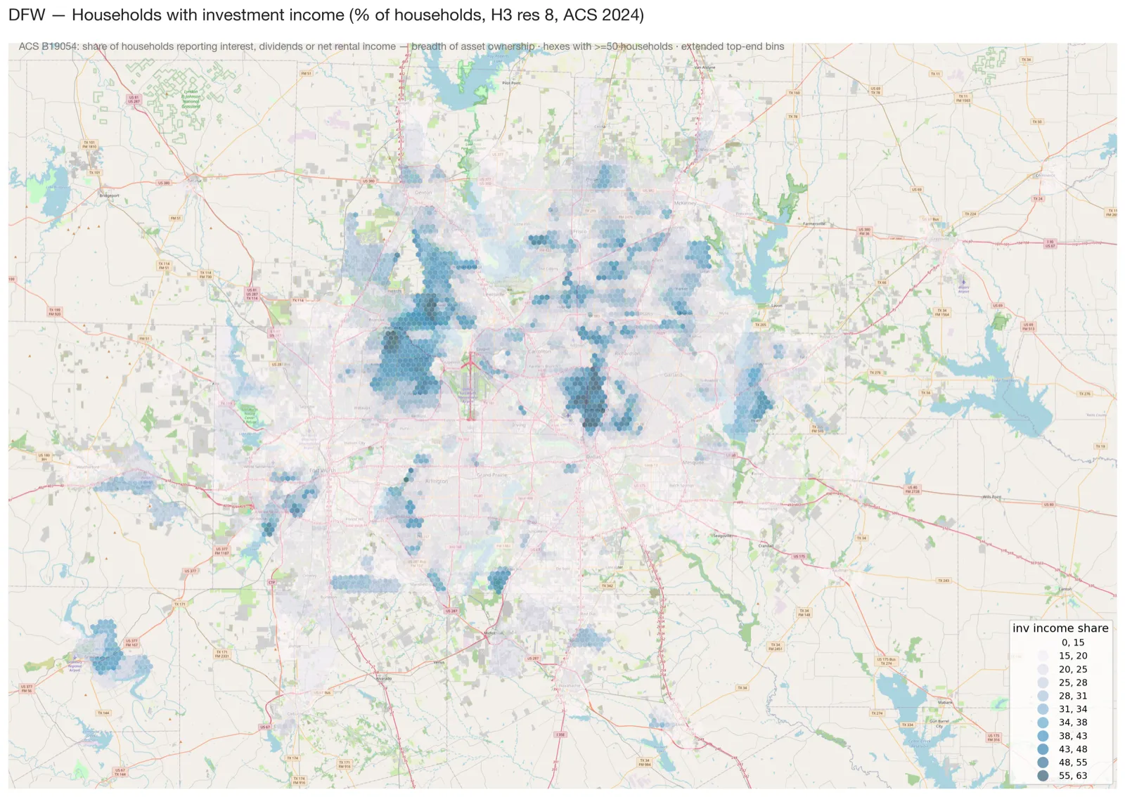 Share of DFW households with investment income by H3 hex