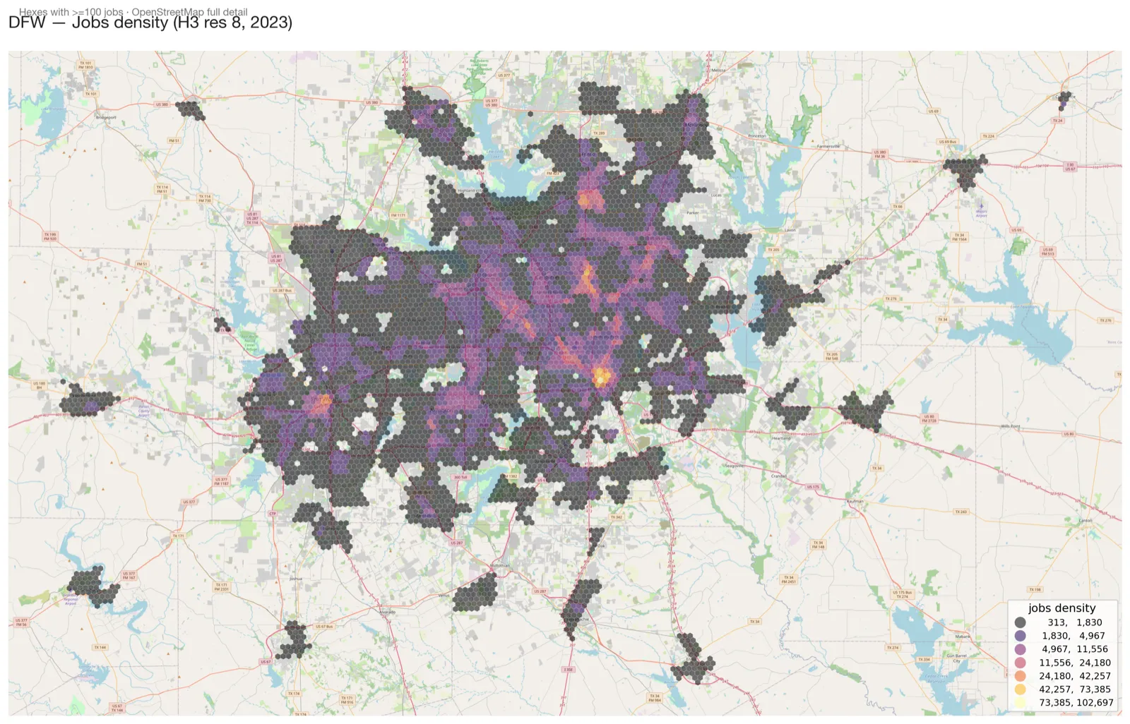 DFW jobs density by H3 hex